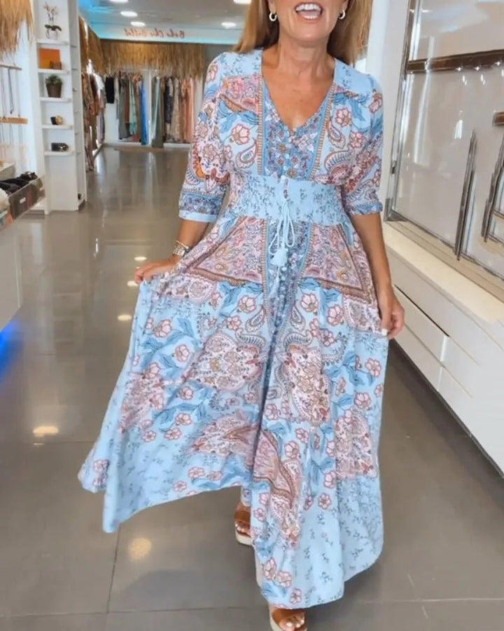 Aria | Elegant Blue Paisley V - Neck Maxi Dress with Sleeves - Emma's Dresses
