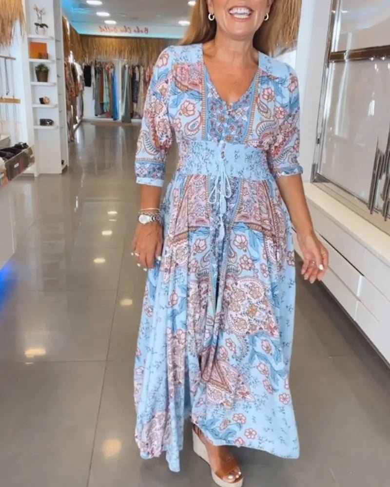 Aria | Elegant Blue Paisley V - Neck Maxi Dress with Sleeves - Emma's Dresses