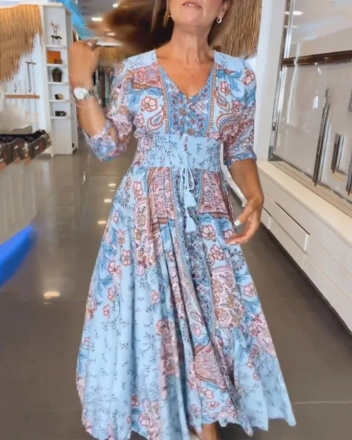 Aria | Elegant Blue Paisley V - Neck Maxi Dress with Sleeves - Emma's Dresses