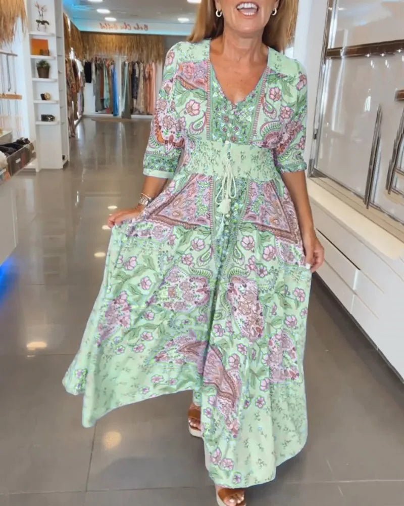 Aria | Elegant Blue Paisley V - Neck Maxi Dress with Sleeves - Emma's Dresses