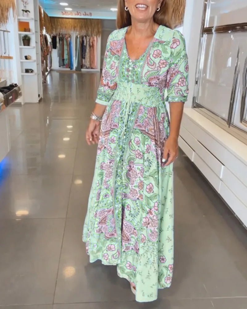 Aria | Elegant Blue Paisley V - Neck Maxi Dress with Sleeves - Emma's Dresses