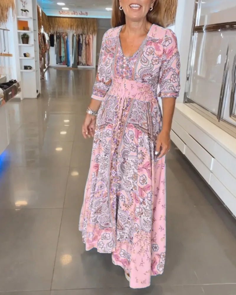 Aria | Elegant Blue Paisley V - Neck Maxi Dress with Sleeves - Emma's Dresses