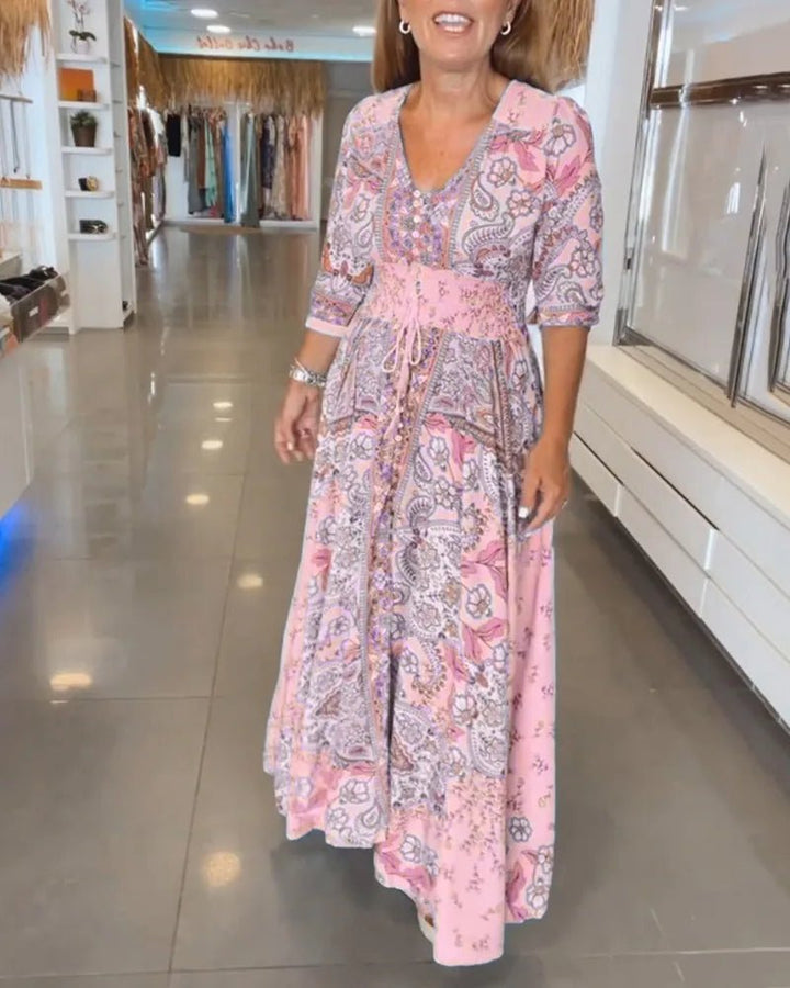 Aria | Elegant Blue Paisley V - Neck Maxi Dress with Sleeves - Emma's Dresses