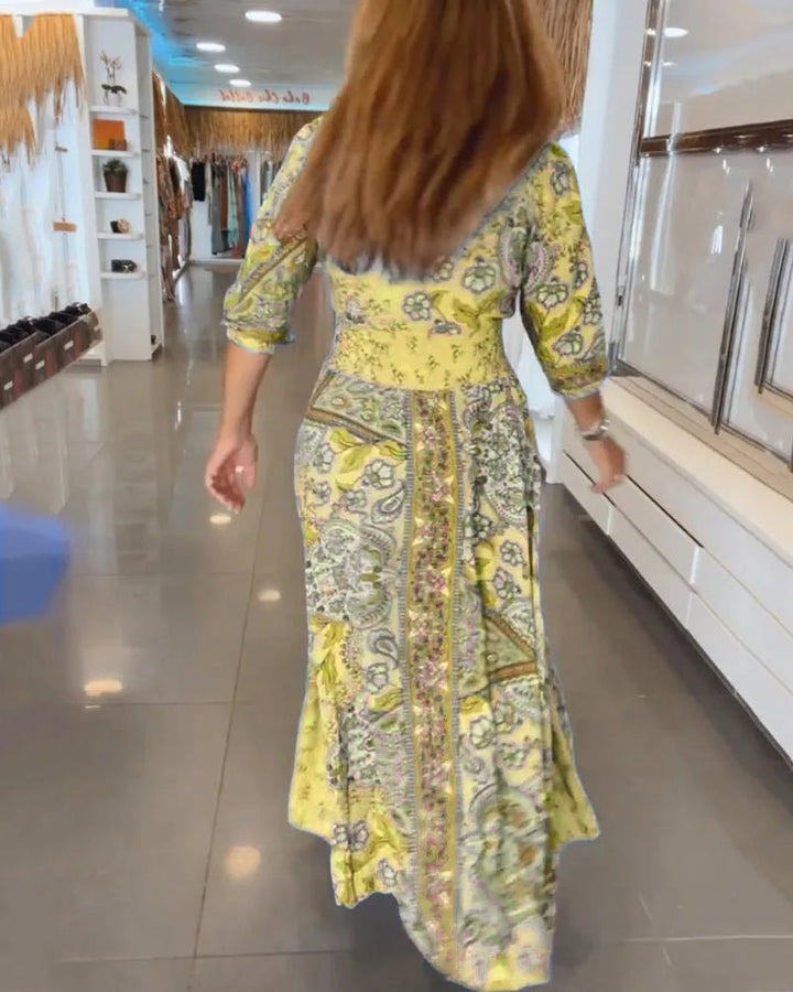 Aria | Elegant Blue Paisley V - Neck Maxi Dress with Sleeves - Emma's Dresses