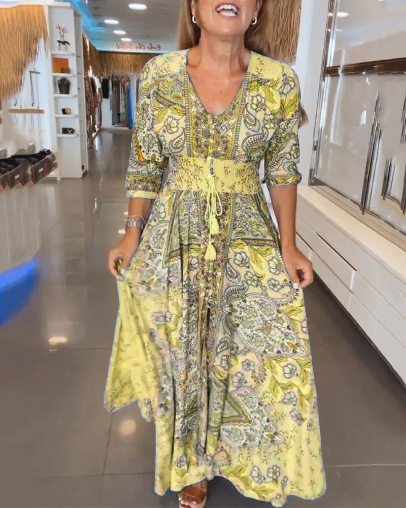Aria | Elegant Blue Paisley V - Neck Maxi Dress with Sleeves - Emma's Dresses