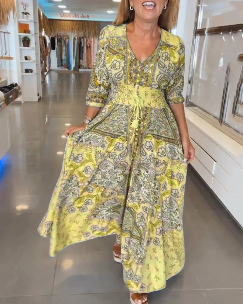 Aria | Elegant Blue Paisley V - Neck Maxi Dress with Sleeves - Emma's Dresses