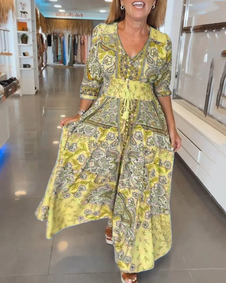 Aria | Elegant Blue Paisley V - Neck Maxi Dress with Sleeves - Emma's Dresses