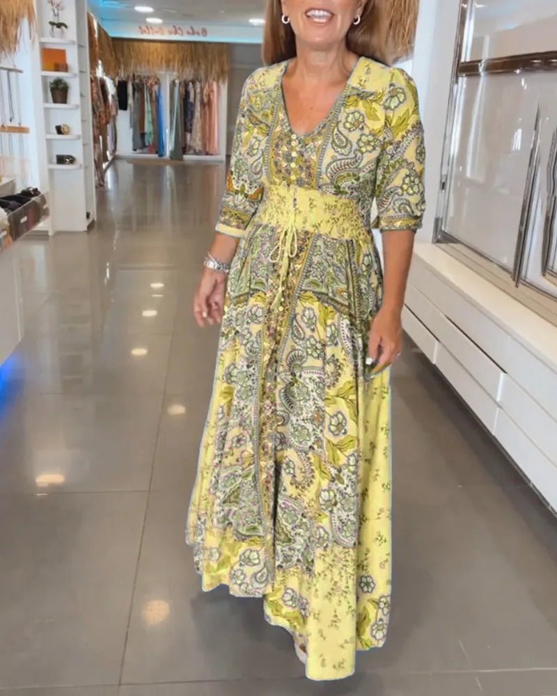 Aria | Elegant Blue Paisley V - Neck Maxi Dress with Sleeves - Emma's Dresses