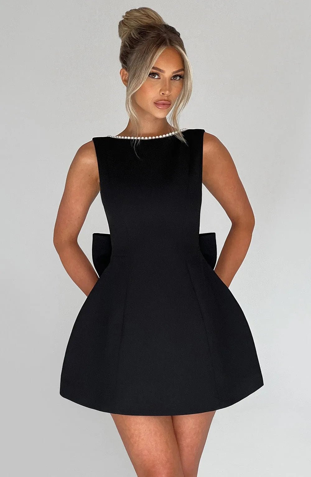 Juliet | Elegant Pearl Trim A - Line Mini Dress With Pockets - Emma's Dresses