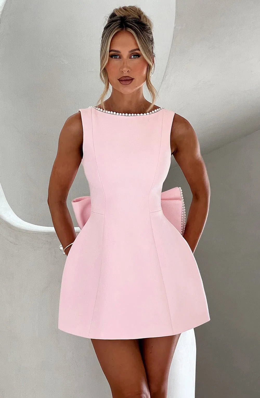 Juliet | Elegant Pearl Trim A - Line Mini Dress With Pockets - Emma's Dresses