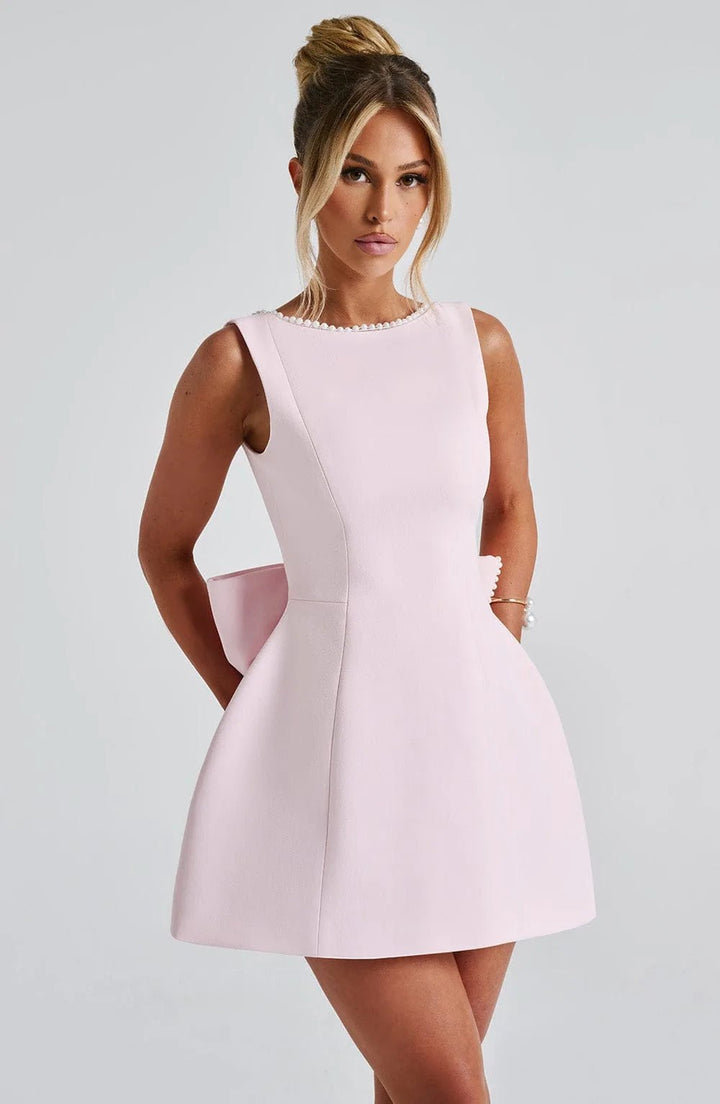 Juliet | Elegant Pearl Trim A - Line Mini Dress With Pockets - Emma's Dresses