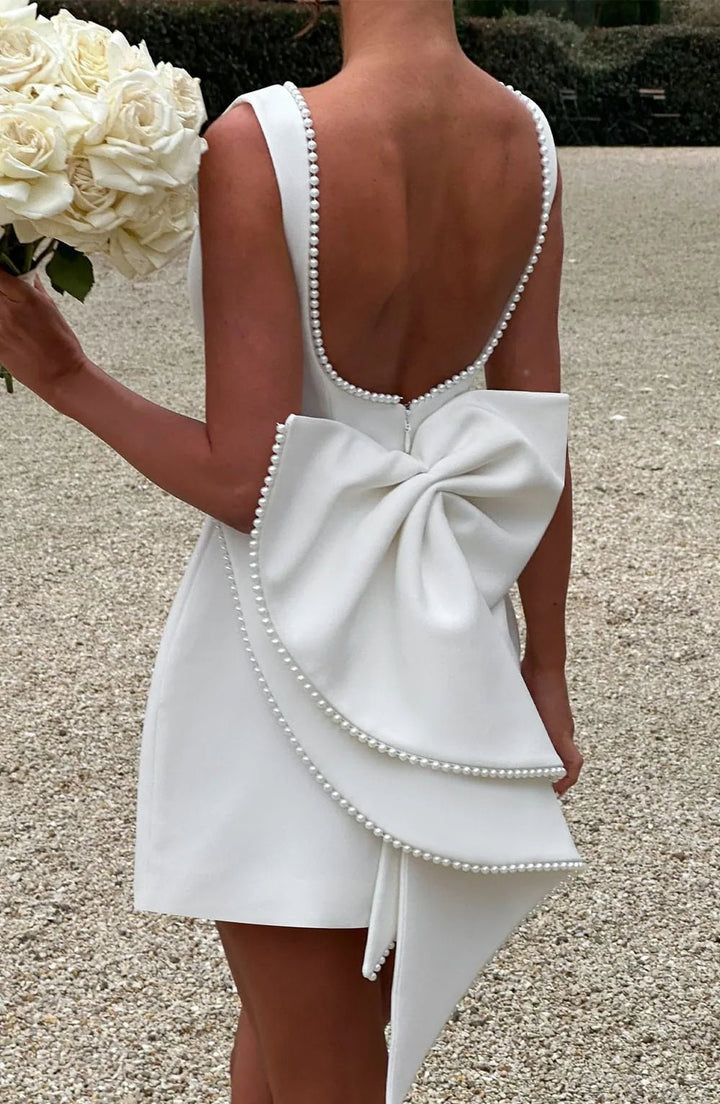 Juliet | Elegant Pearl Trim A - Line Mini Dress With Pockets - Emma's Dresses
