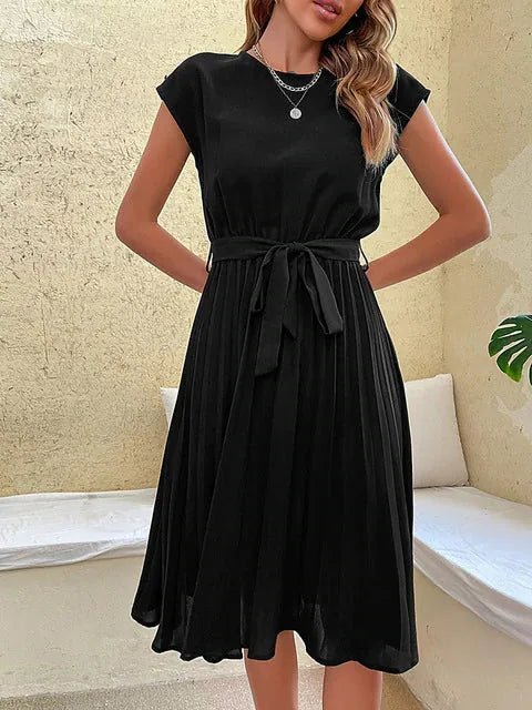 Aurora | Elegant Pleated Cap Sleeve Midi Dress With Belt - Emma's Dresses