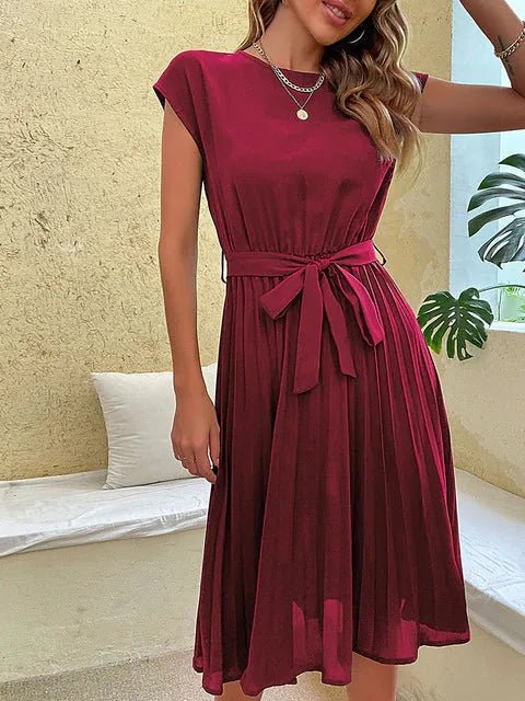 Aurora | Elegant Pleated Cap Sleeve Midi Dress With Belt - Emma's Dresses
