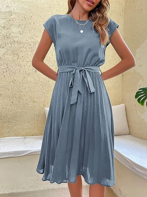 Aurora | Elegant Pleated Cap Sleeve Midi Dress With Belt - Emma's Dresses