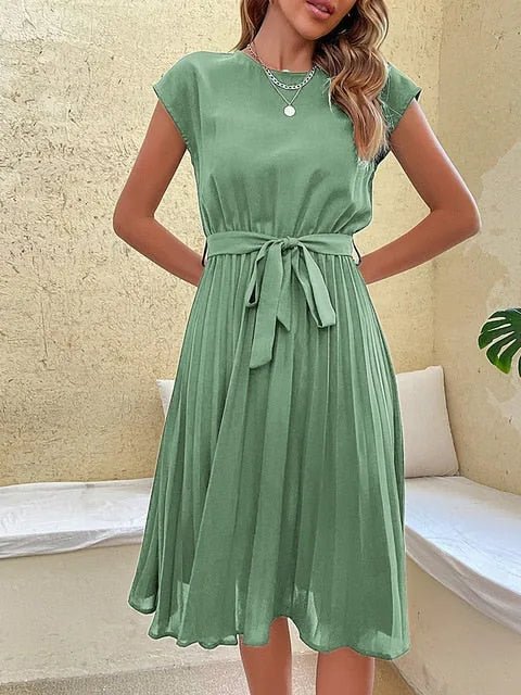 Aurora | Elegant Pleated Cap Sleeve Midi Dress With Belt - Emma's Dresses