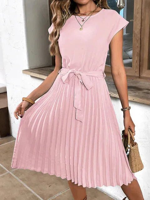 Aurora | Elegant Pleated Cap Sleeve Midi Dress With Belt - Emma's Dresses