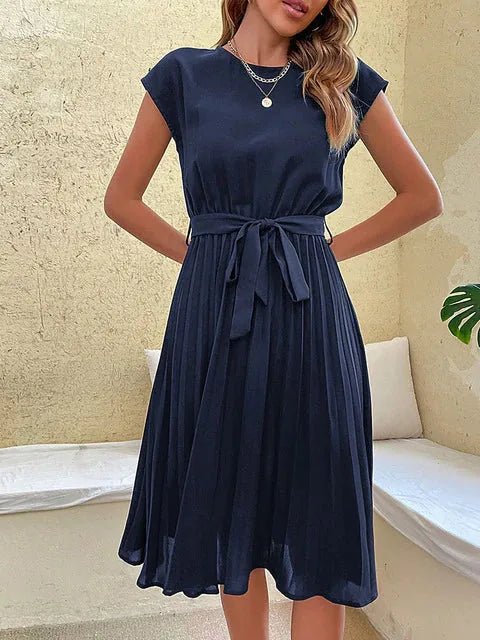 Aurora | Elegant Pleated Cap Sleeve Midi Dress With Belt - Emma's Dresses