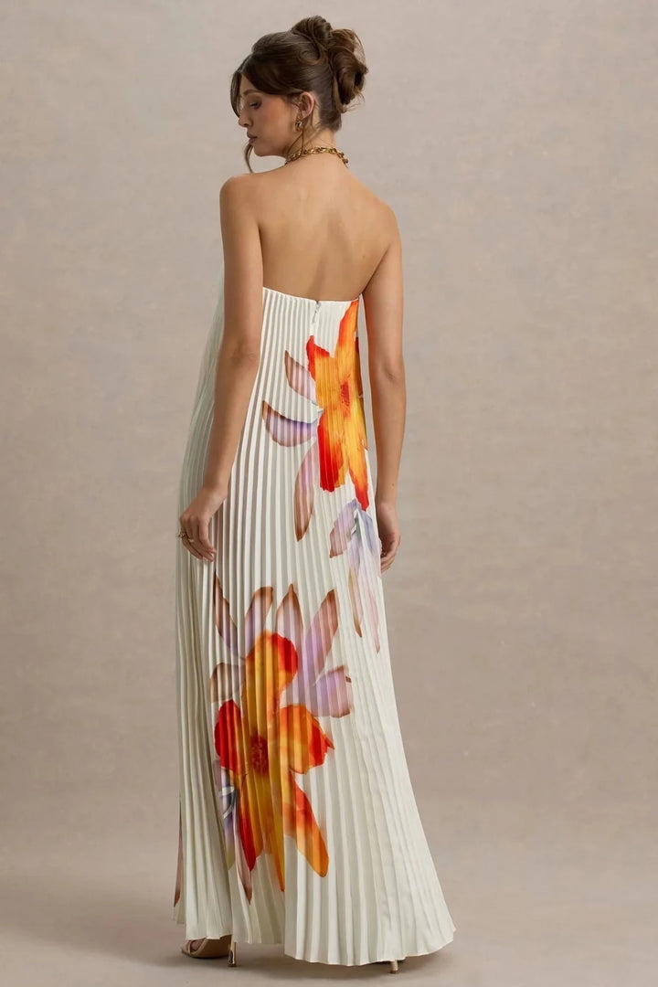 Eva | Elegant Pleated Floral Sweetheart Maxi Dress - Emma's Dresses