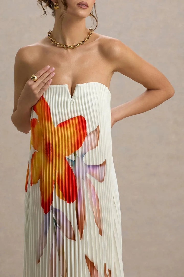 Eva | Elegant Pleated Floral Sweetheart Maxi Dress - Emma's Dresses