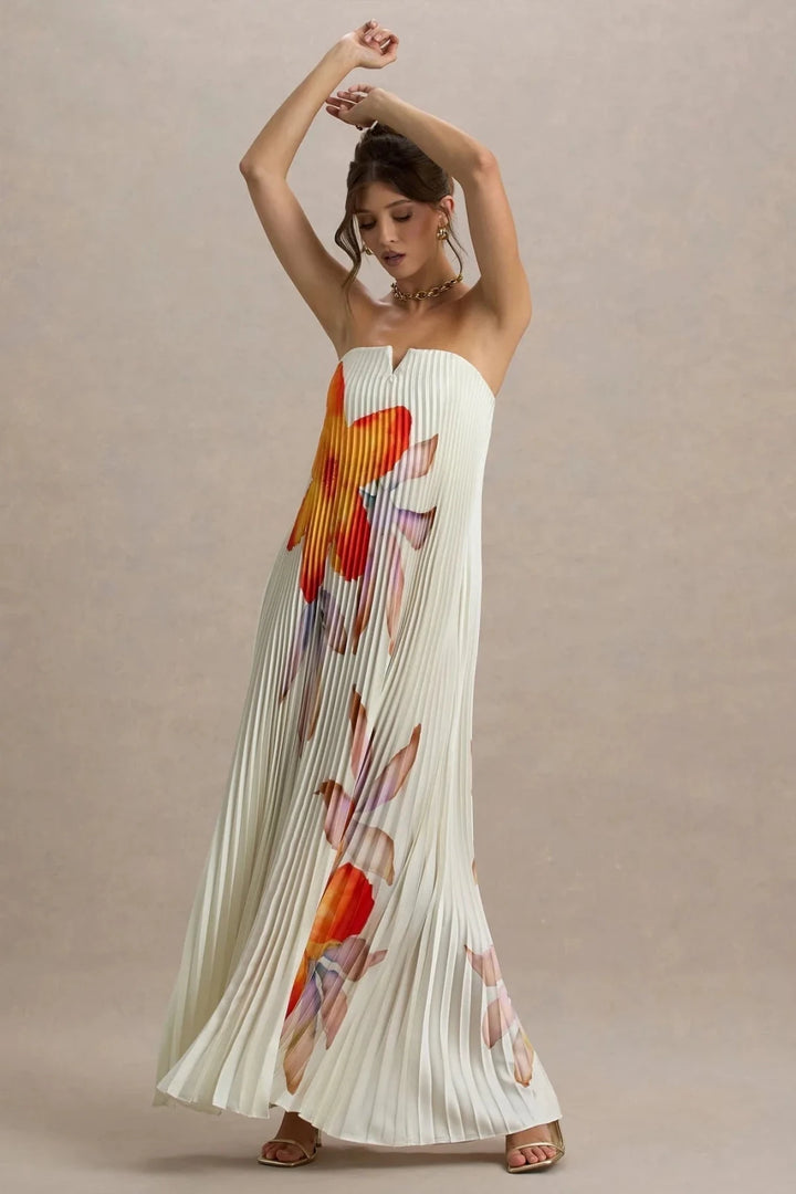 Eva | Elegant Pleated Floral Sweetheart Maxi Dress - Emma's Dresses