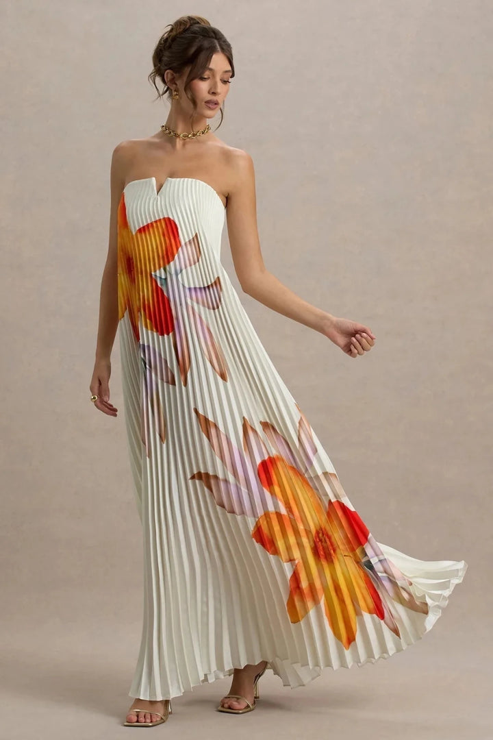 Eva | Elegant Pleated Floral Sweetheart Maxi Dress - Emma's Dresses