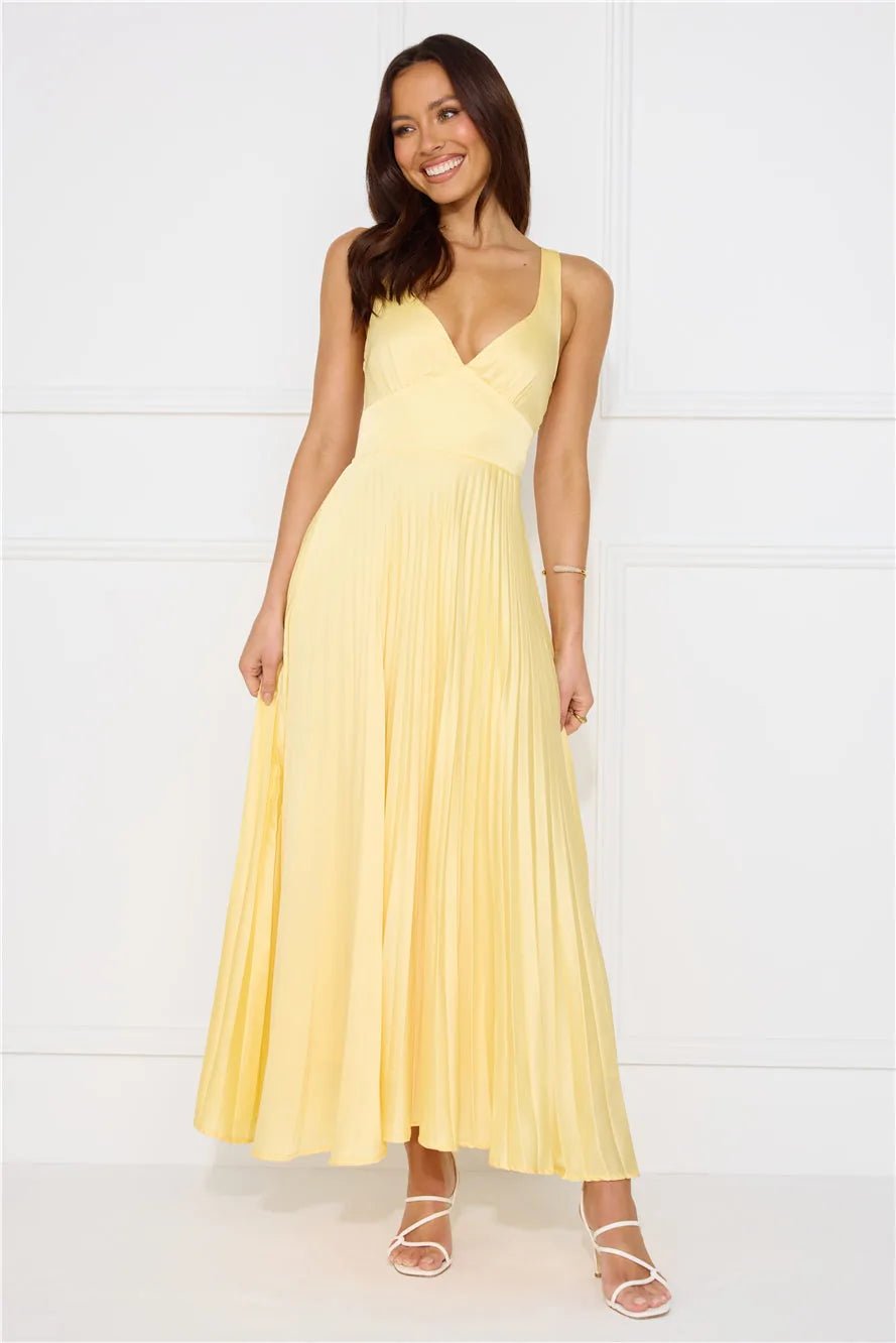 Aria | Chic Pleated V - Neck Yellow Maxi Dress - Emma's Dresses