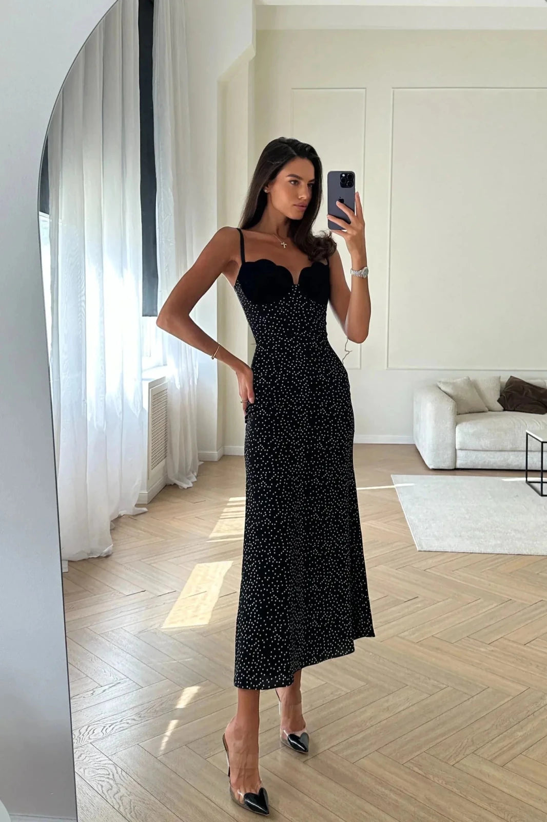 Mia | Elegant Black Polka Dot Sleeveless Midi Dress - Emma's Dresses
