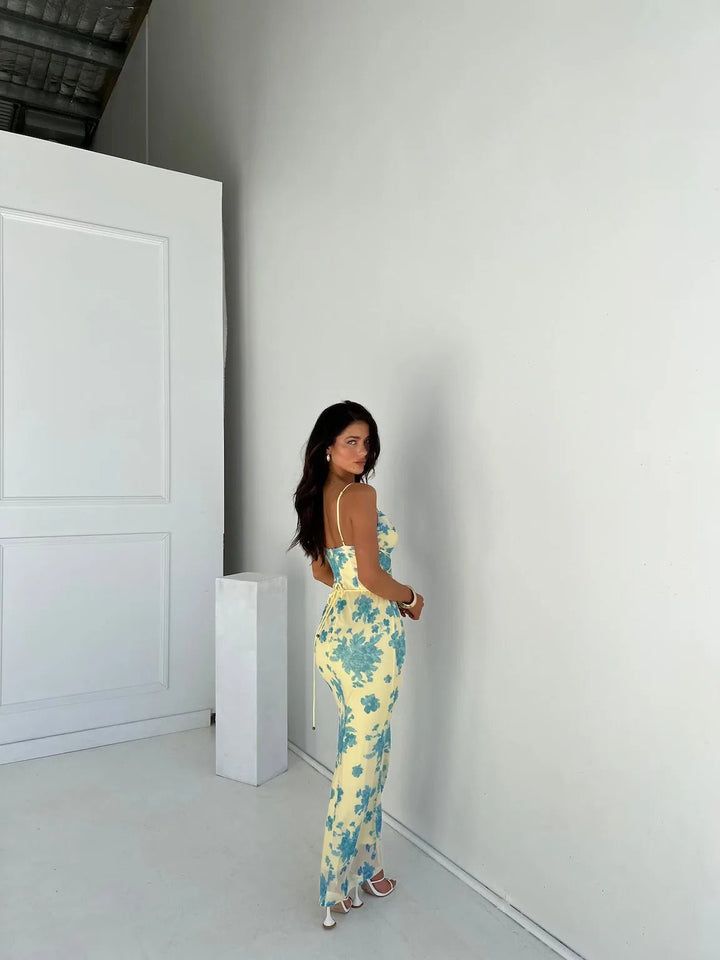Maya | Chic Yellow Floral Print Sweetheart Sleeveless Maxi Dress - Emma's Dresses