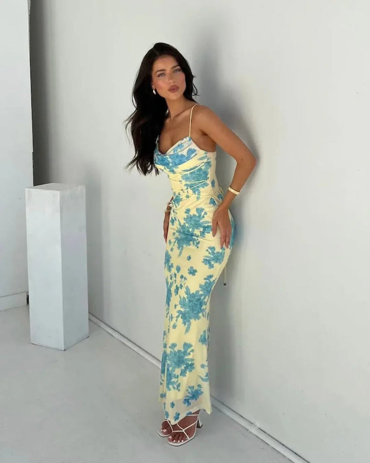 Maya | Chic Yellow Floral Print Sweetheart Sleeveless Maxi Dress - Emma's Dresses
