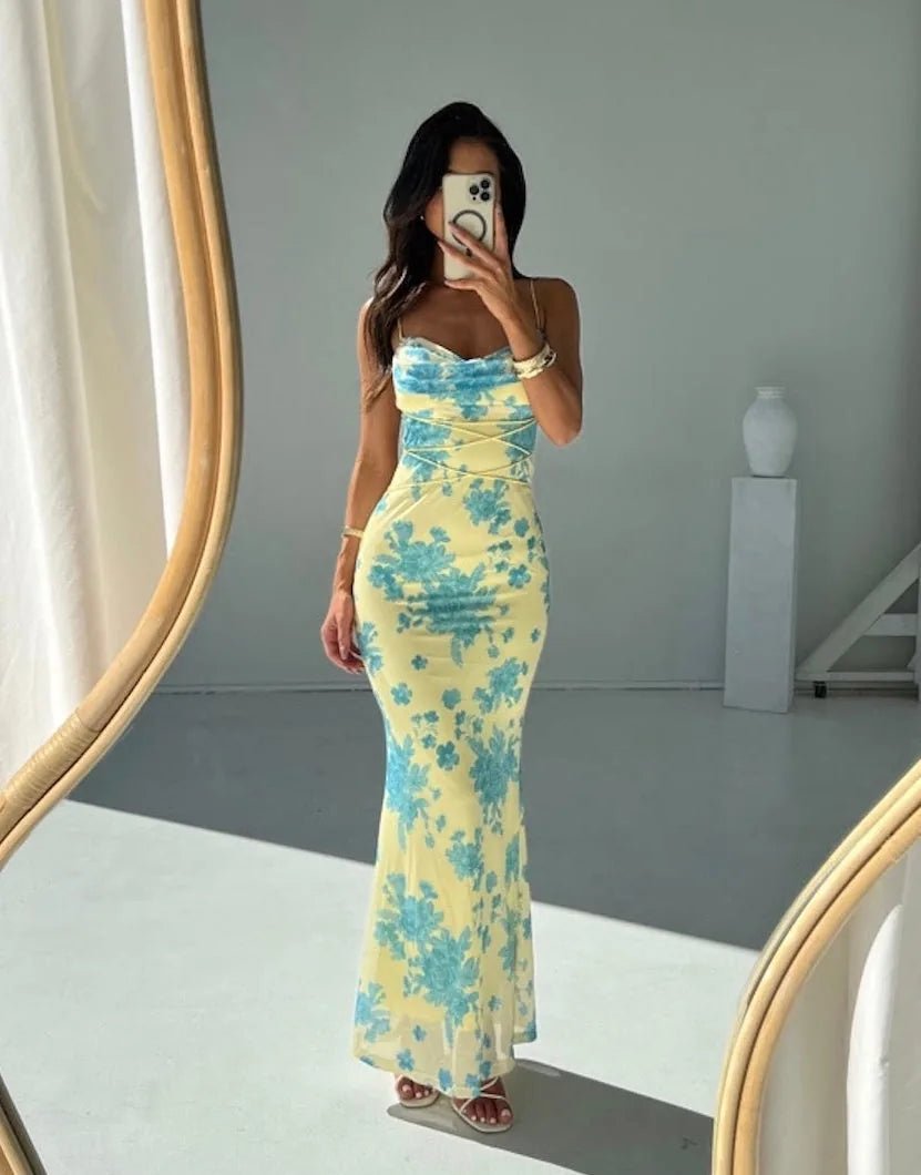 Maya | Chic Yellow Floral Print Sweetheart Sleeveless Maxi Dress - Emma's Dresses