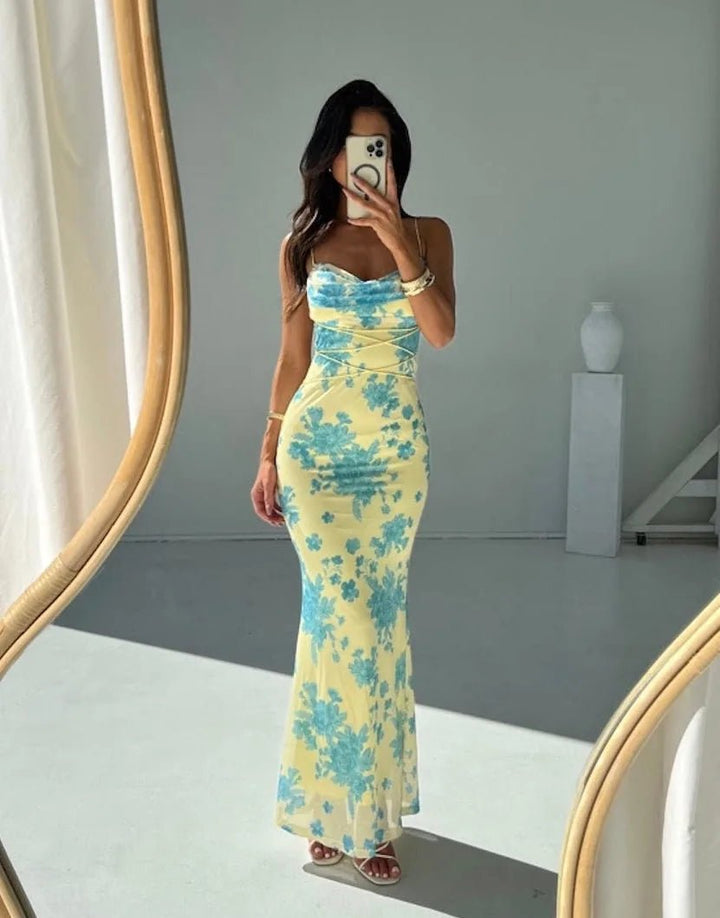 Maya | Chic Yellow Floral Print Sweetheart Sleeveless Maxi Dress - Emma's Dresses