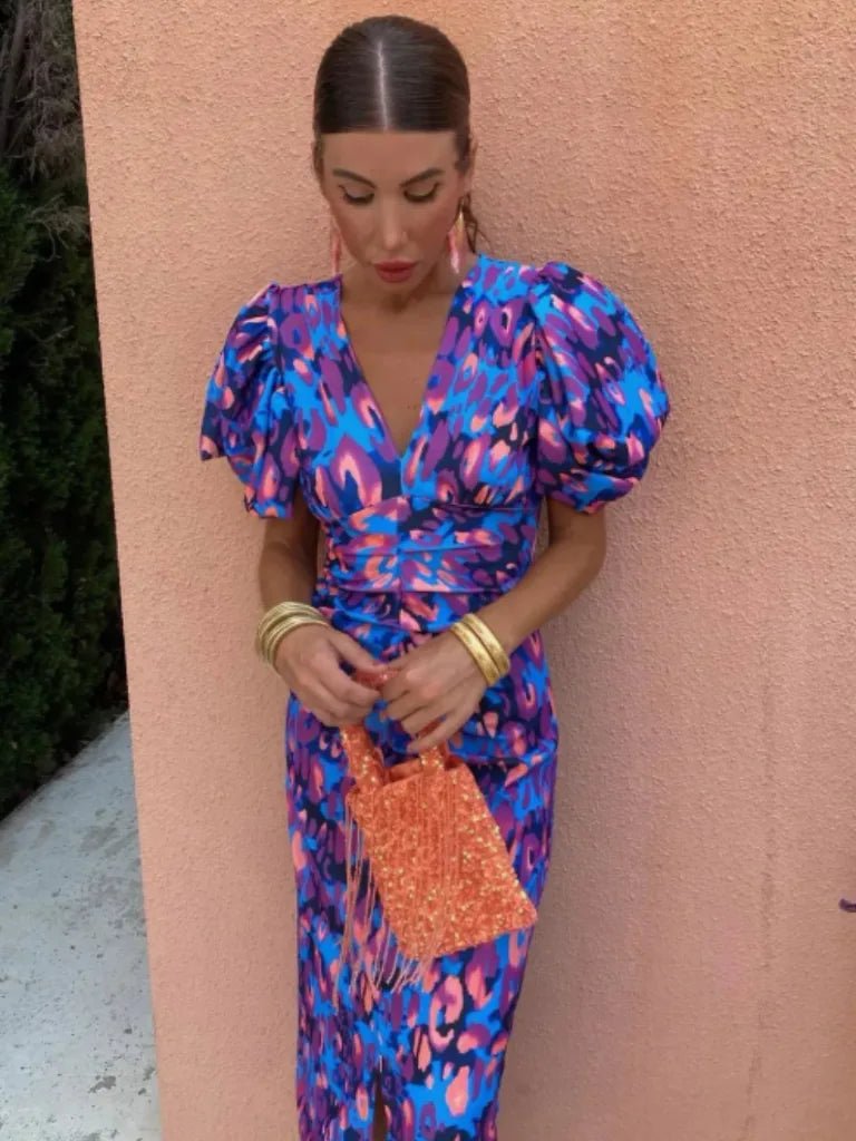 Alba | Elegant Orange Puff Sleeve V - Neck Ruched Midi Dress - Emma's Dresses