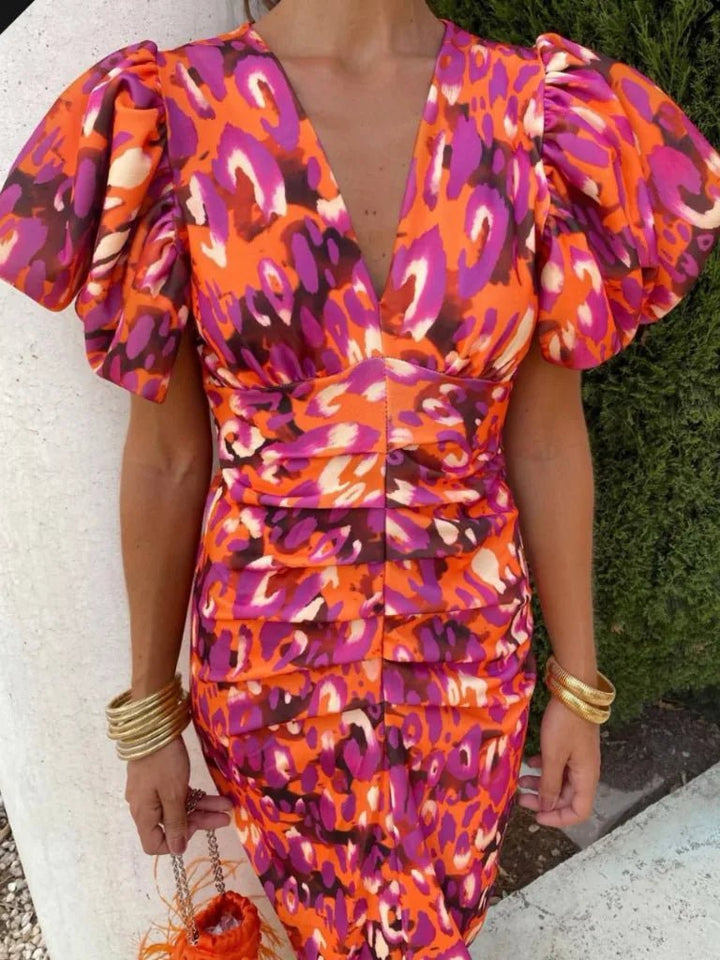 Alba | Elegant Orange Puff Sleeve V - Neck Ruched Midi Dress - Emma's Dresses