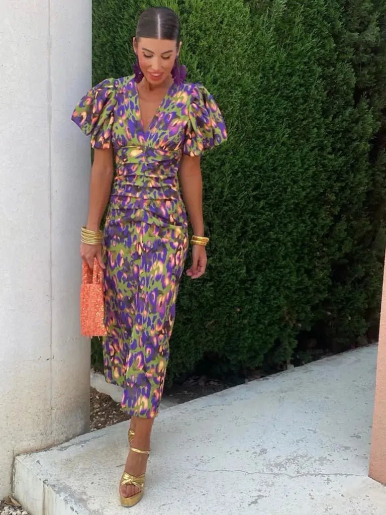 Alba | Elegant Orange Puff Sleeve V - Neck Ruched Midi Dress - Emma's Dresses