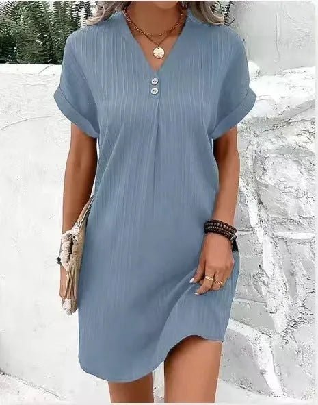 Ruby | Ribbed V - Neck Short Sleeve Mini Dress - Emma's Dresses