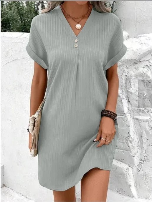 Ruby | Ribbed V - Neck Short Sleeve Mini Dress - Emma's Dresses