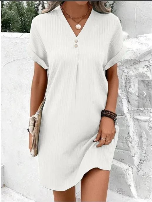 Ruby | Ribbed V - Neck Short Sleeve Mini Dress - Emma's Dresses