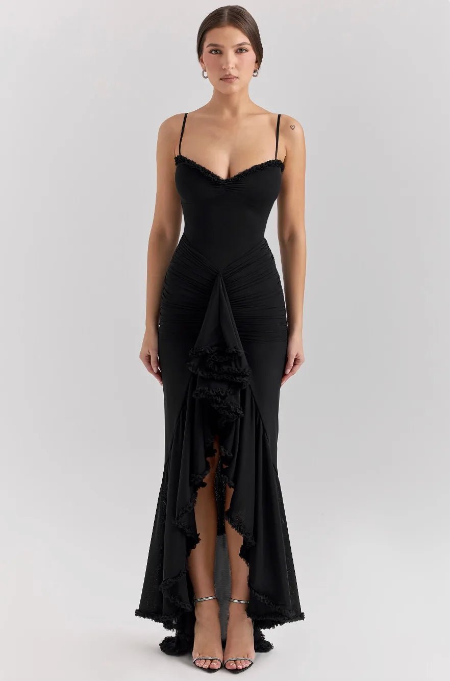 Violet | Elegant Yellow Ruffle Maxi Dress With Sweetheart Neckline - Emma's Dresses