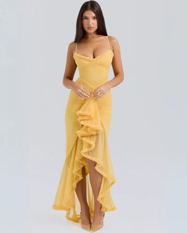 Violet | Elegant Yellow Ruffle Maxi Dress With Sweetheart Neckline - Emma's Dresses