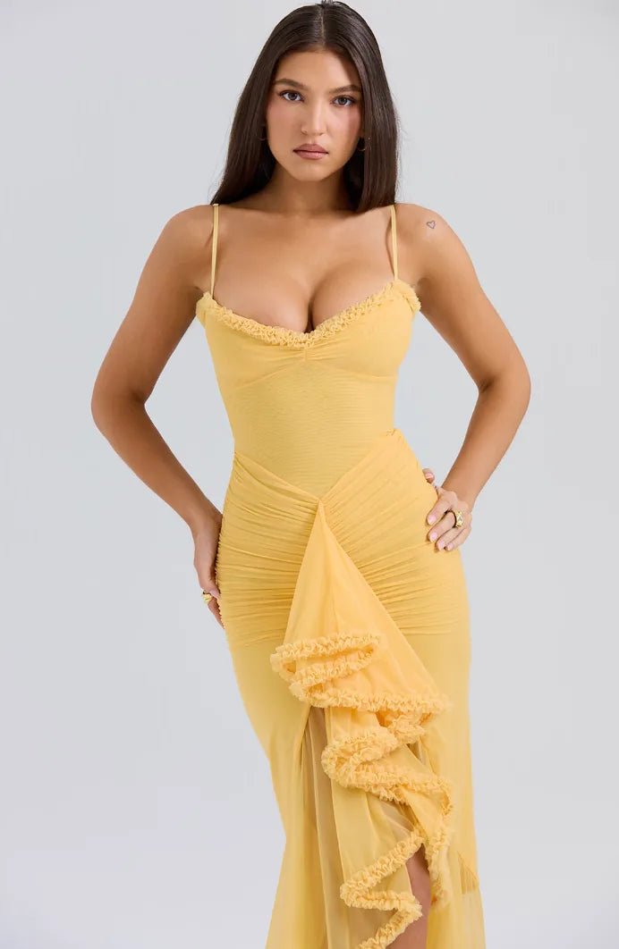 Violet | Elegant Yellow Ruffle Maxi Dress With Sweetheart Neckline - Emma's Dresses