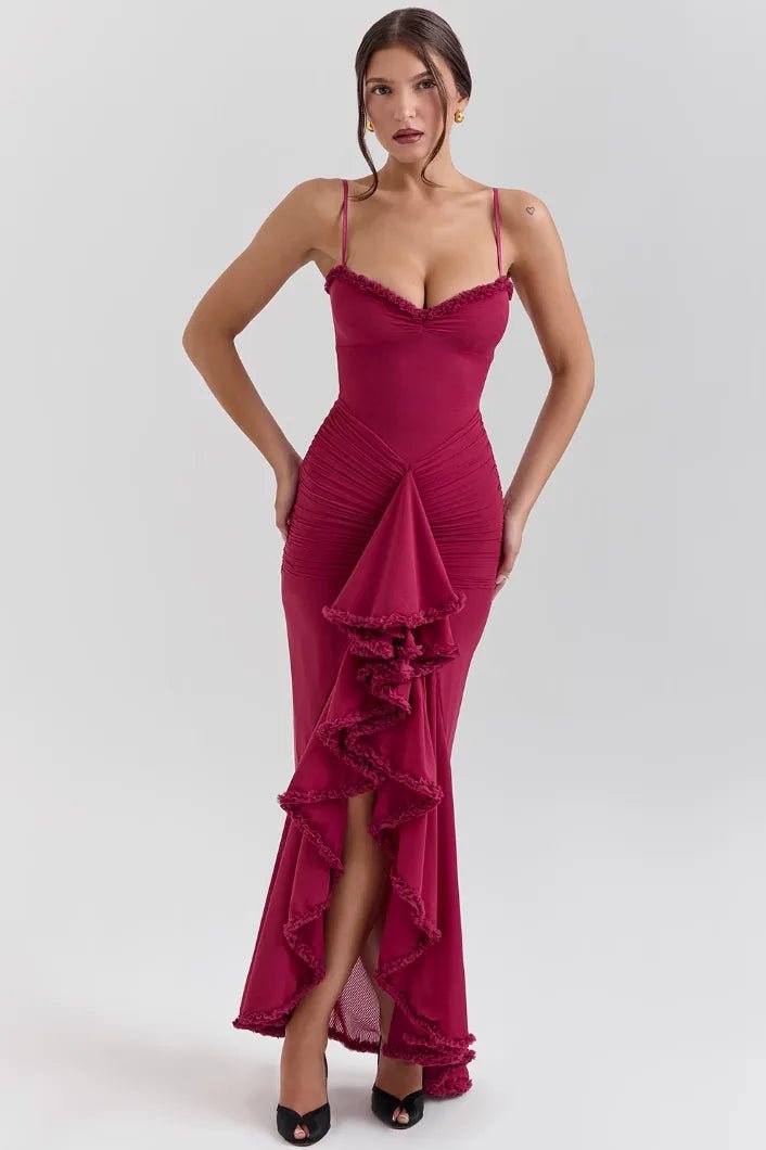 Maya | Elegant Ruffle Wedding Guest Dress with Spaghetti Straps – view 5