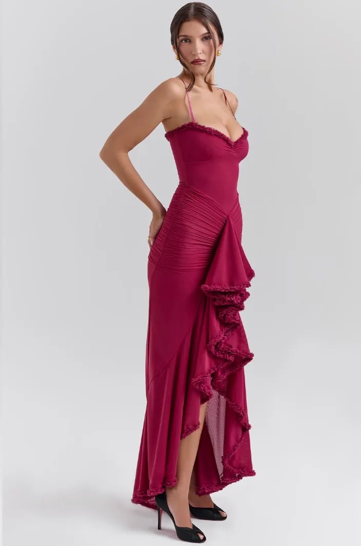 Maya | Elegant Ruffle Wedding Guest Dress with Spaghetti Straps – view 6