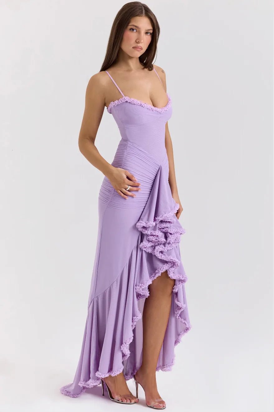 Maya | Elegant Ruffle Wedding Guest Dress with Spaghetti Straps – view 4