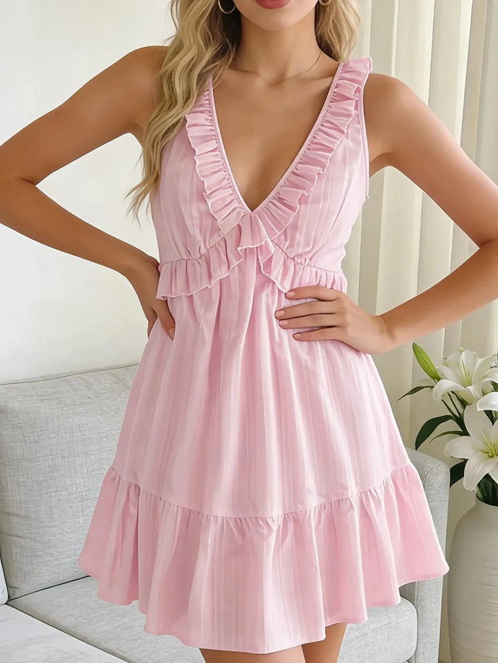 Harriet | Ruffle V - Neck Pink Mini Dress With Tie Back - Emma's Dresses