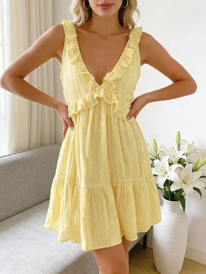 Harriet | Ruffle V - Neck Pink Mini Dress With Tie Back - Emma's Dresses