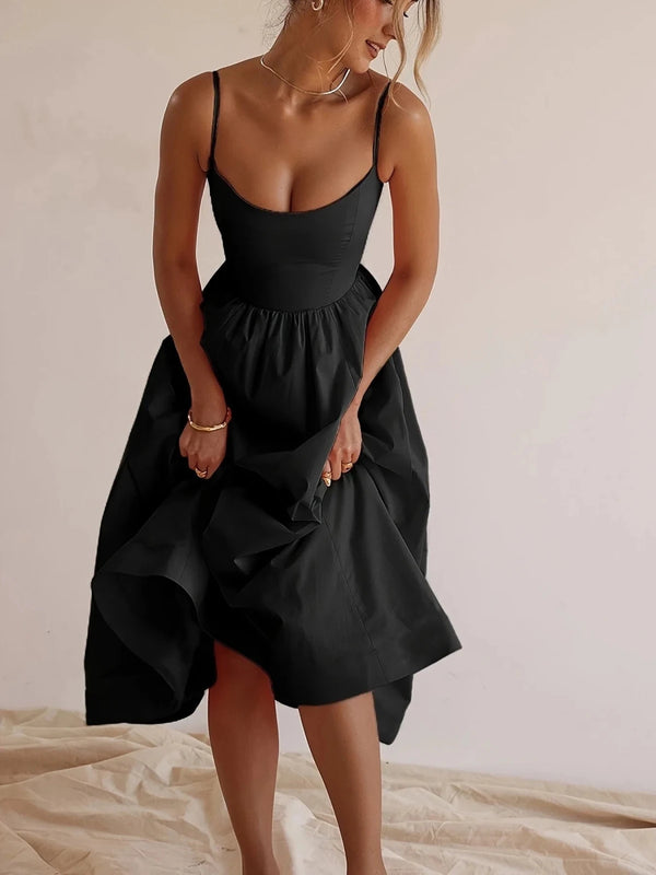 Emma | Elegant Scoop Neck Black Midi Dress