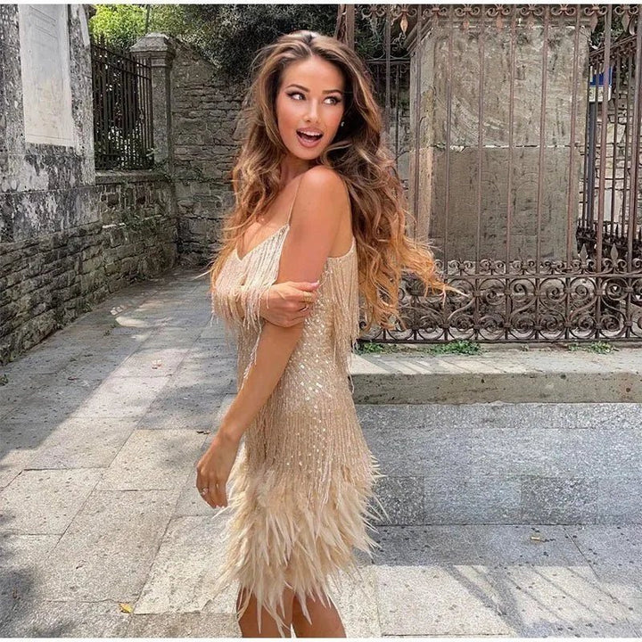 Talia | Elegant Fringe Mini Dress with Feather Details - Emma's Dresses