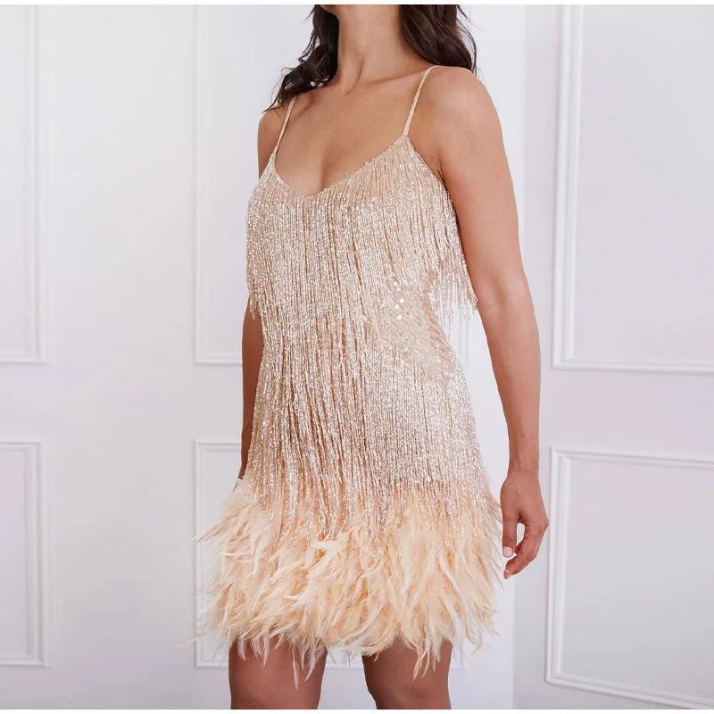 Clara | Elegant White Sequin Fringe Dress with Feather Trim – view 7