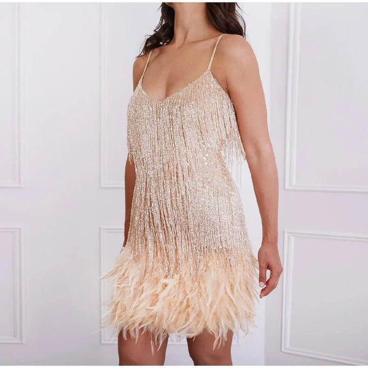 Clara | Elegant White Sequin Fringe Dress with Feather Trim – view 7